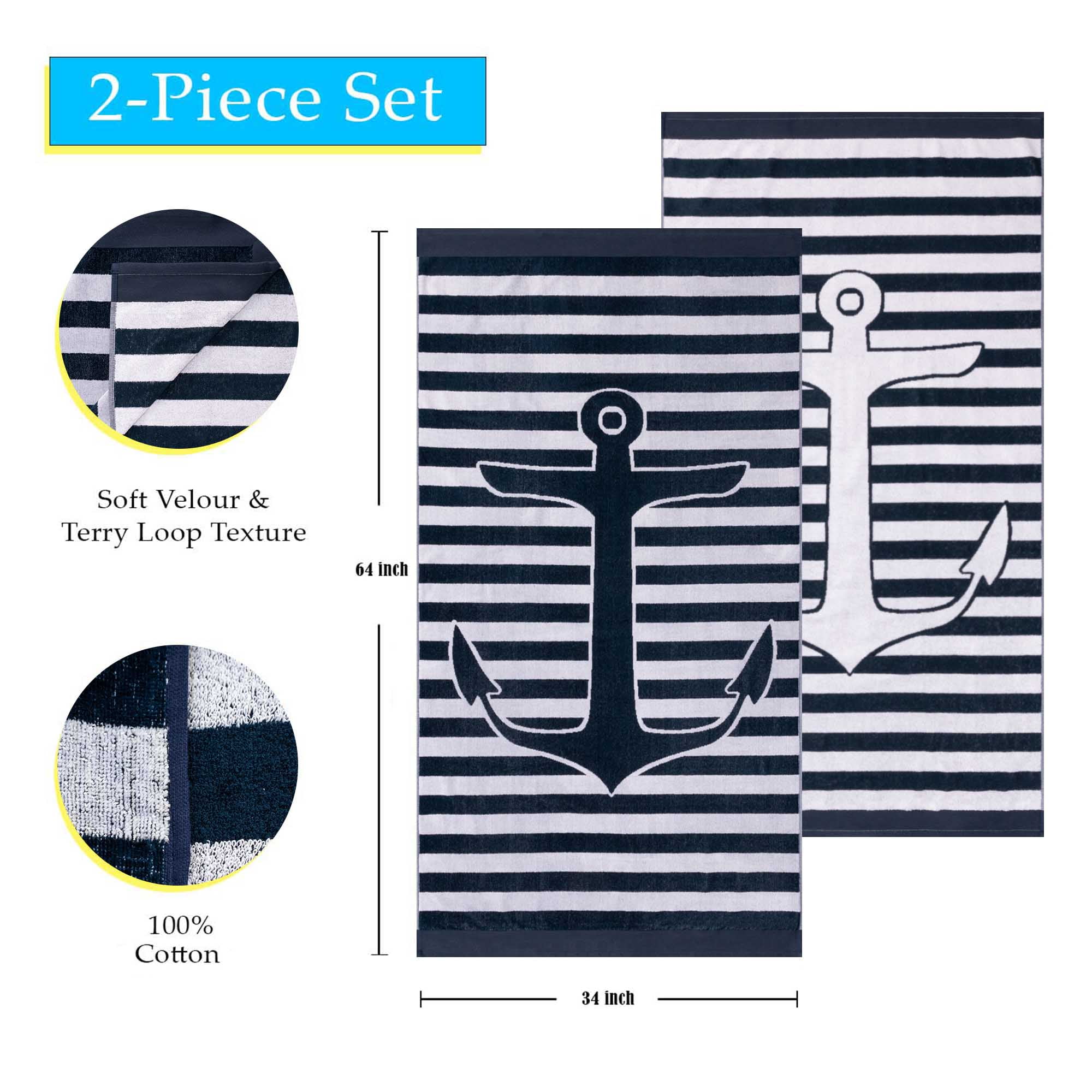 Superior 2-Piece Yacht Club Cotton Beach Towel Set, Navy Blue
