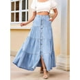 thumbnail image 6 of Women Western Elastic High Waisted A Line Button Ruffle Tiered Long Jean Skirt Patchwork Pocket Y2k Light Blue S, 6 of 9