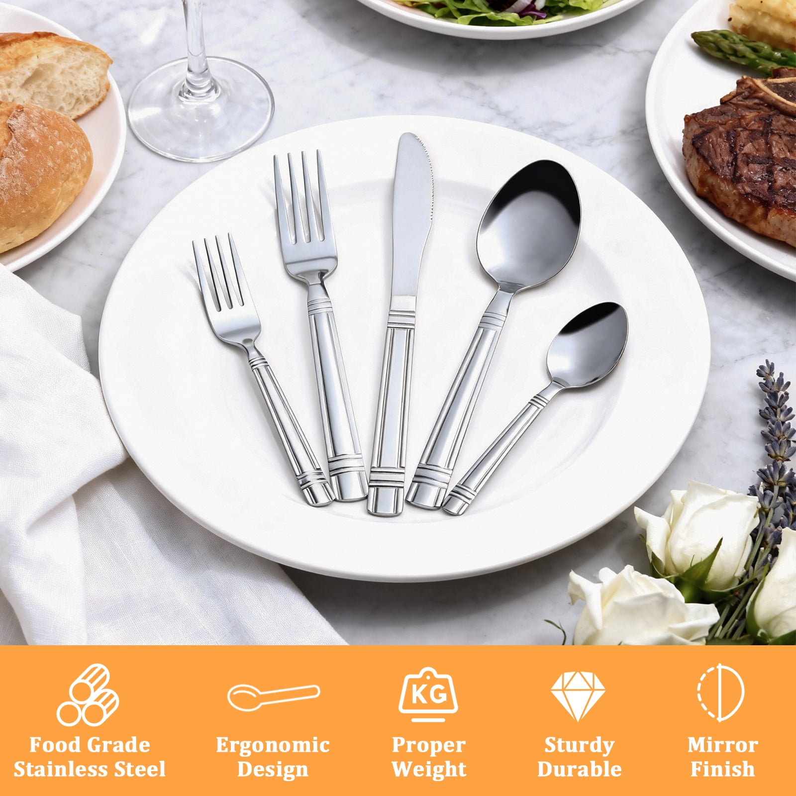 Mainstays 49 Piece Elena Adult Stainless Steel Flatware and Organizer Tray Value Set Silver, Service for 8
