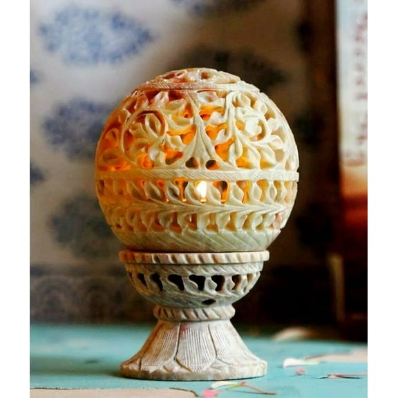 Lovely 3" Soapstone Hand Carved Tealight Candle Holder Lamp Lantern Tea Light