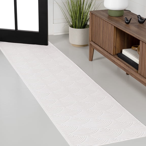 JONATHAN Y CARMEL 2 x 8 Runner Rug, Porter Geometric Art Deco Fan Pattern - White/Light Gray, CAR100B-28
