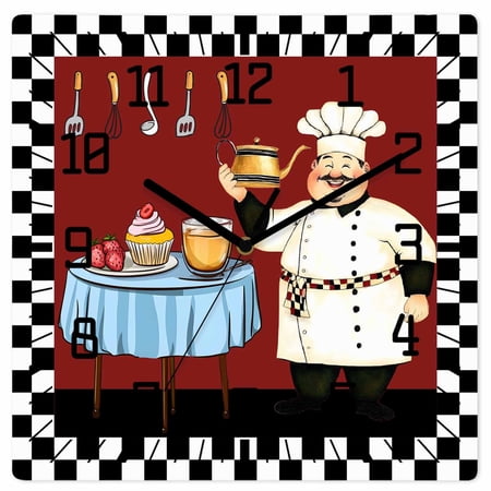 Chef Wooden Wall Clock Silent Non Ticking, Cartoon Red Food Cooking Black White Buffalo Check Square Wall Clocks Battery Operated, Decor Clock for Home Office, Living Room, Kitchen, 10 Inch