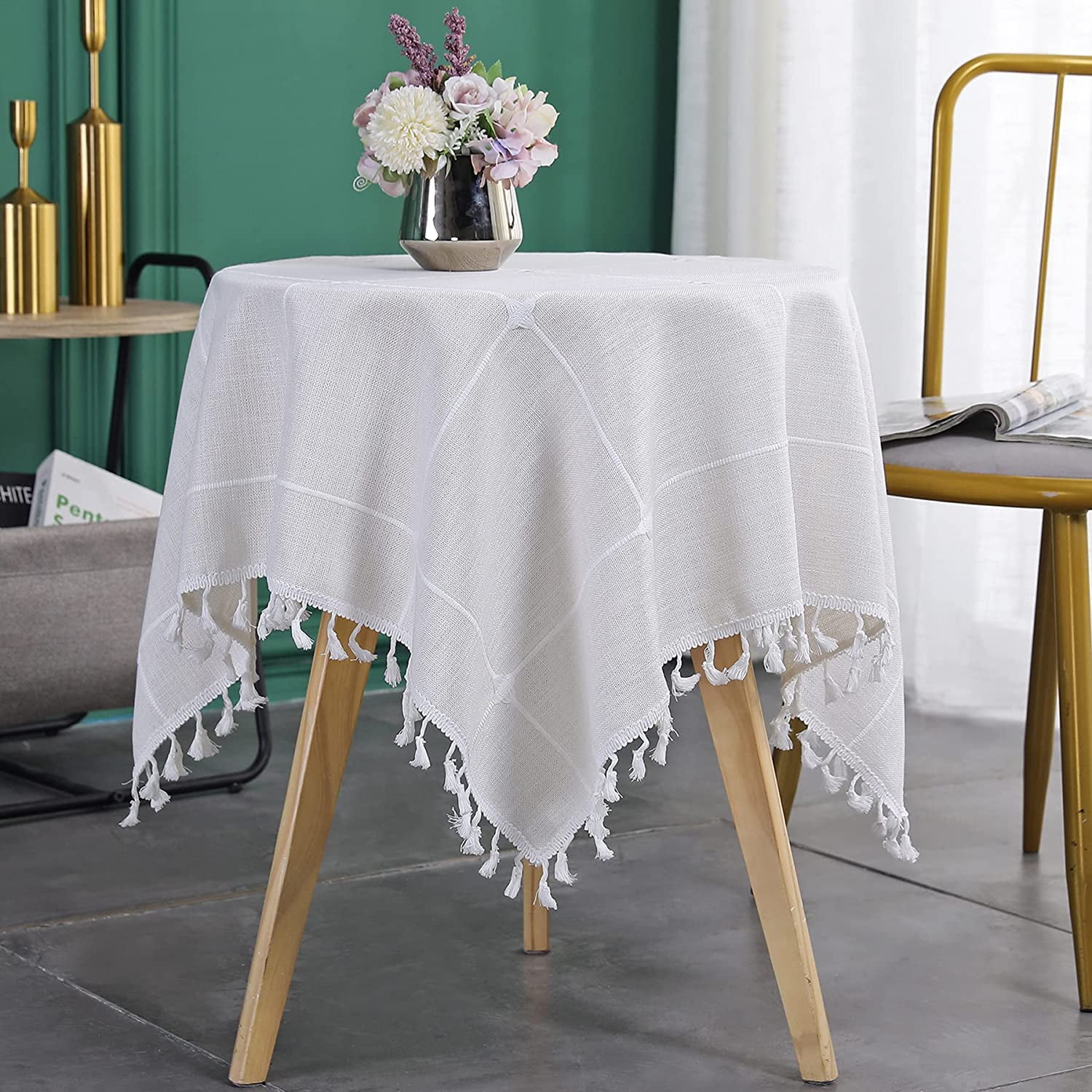 Rustic Farmhouse Small Square Tablecloth Embroidered Checkered Fabric