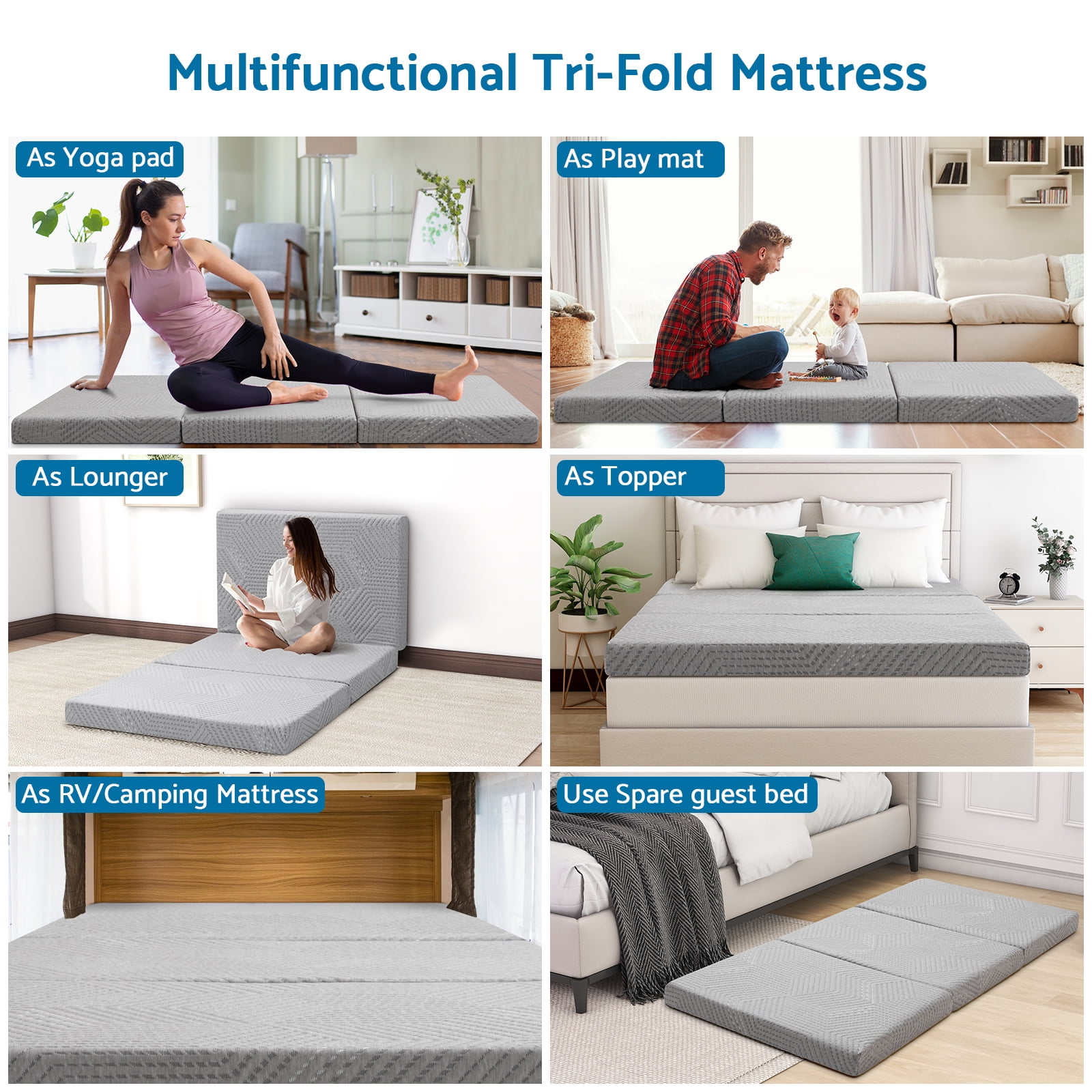 4 inch Tri Fold Mattress Queen Memory Foam Mattress Topper for