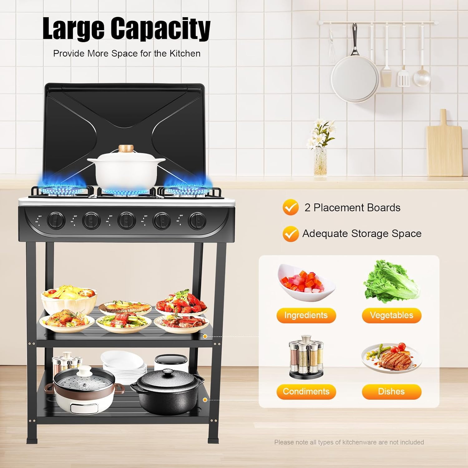 5 Burner Propane Gas Stove with Support Leg Stand and Wind Blocking Cover, Manual Ignition Camping Stove for Outdoor Cooking, RV Travel（Black）
