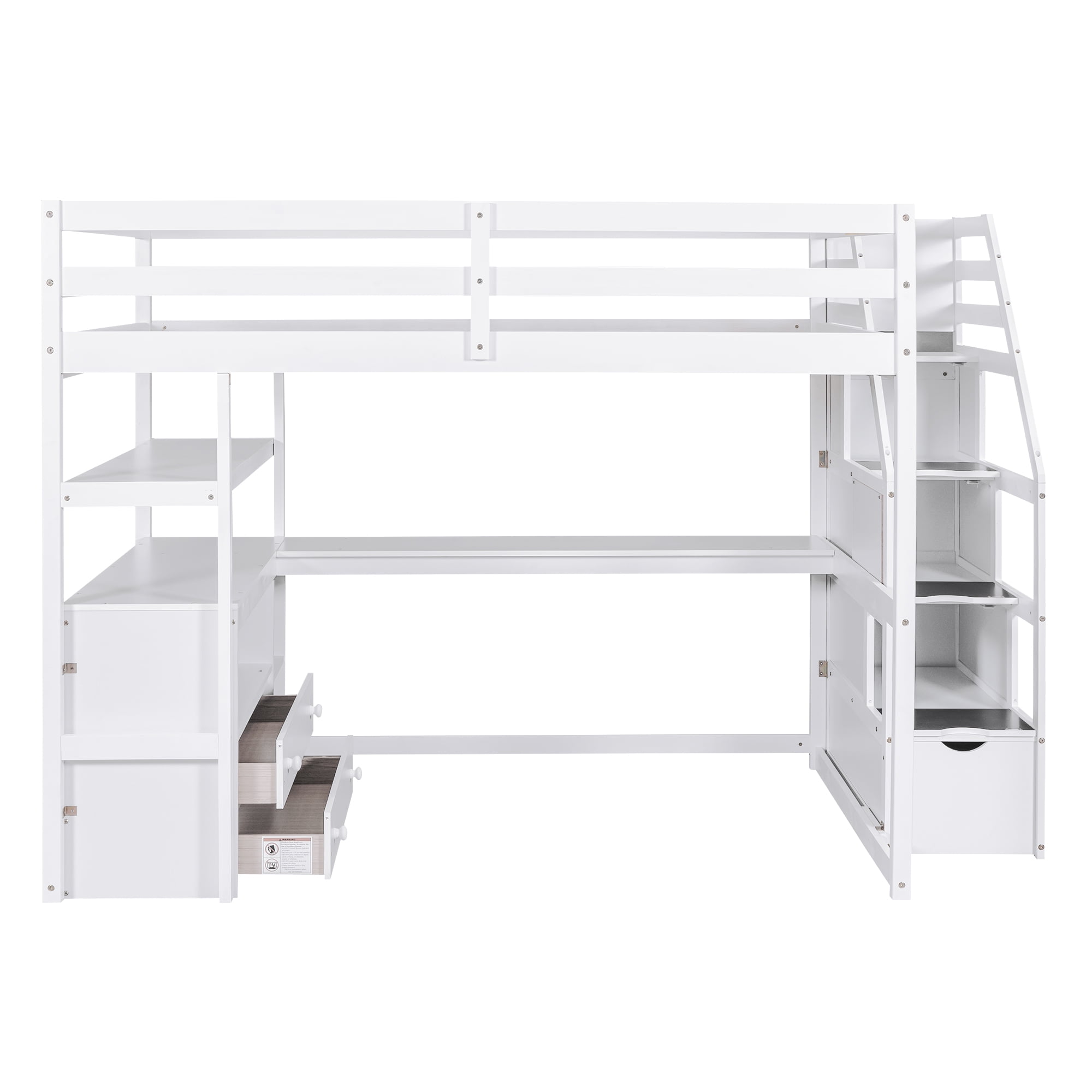 MAYEERTY Full Size Loft Bed - Desk, Shelves, 2 Built-in Drawers, Storage Staircase, White