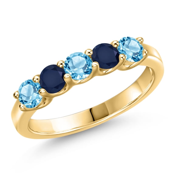 Gem Stone King 10K Yellow Gold Swiss Blue Topaz and Blue Sapphire Wedding-Bands Ring for Women | 1.04 Cttw | Round 3.5MM | Gemstone November Birthstone | Size 6