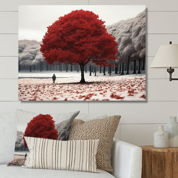 Designart Trees Wall art decor, Tree Canvas wall art, Red And Grey Tree silence I , Red Large Traditional Canvas wall art, 32x16 inches