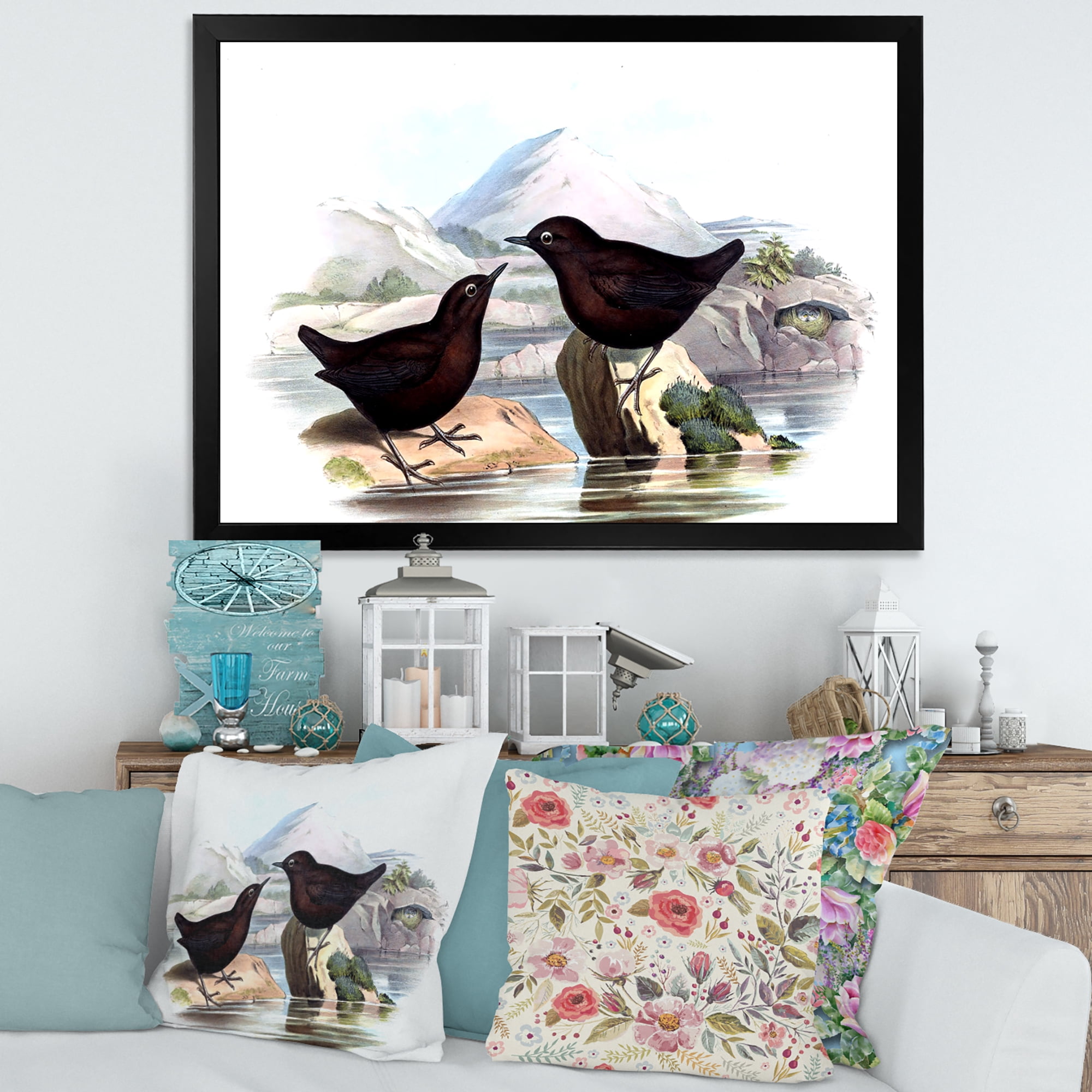 Designart 'Vintage Countryside Two Birds' Farmhouse Framed Art Print