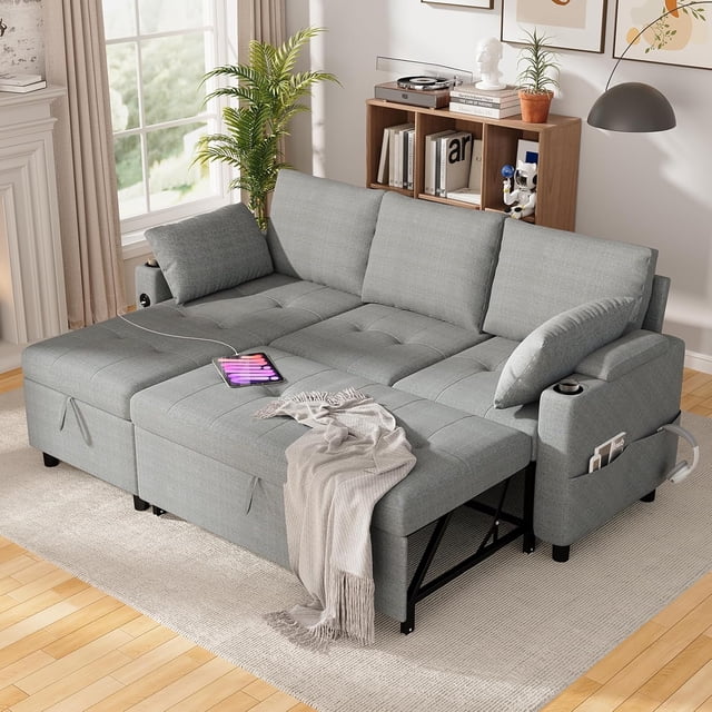 AECOJOY Canapé-Lit avec Rangement, Sectionnels avec Ports de Recharge USB et Porte-Gobelet, Lin Gris