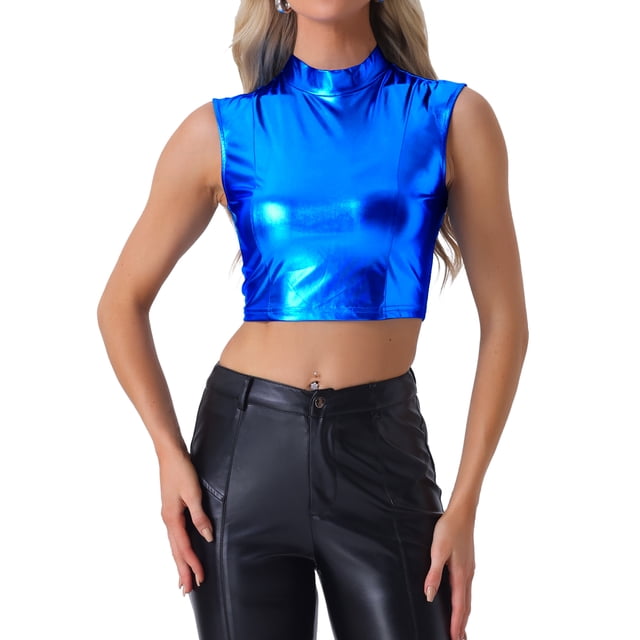 TOP CROP METÁLICO HOLORAFICO SIN MANGAS BRILLANTE PARA MUJERES CHIC L AZUL PROFUNDO