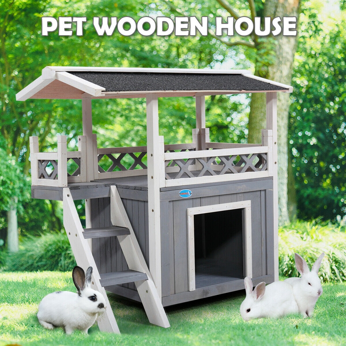 Lowestbest Dog House, Natural Wooden Dog House Home with Steps Balcony Puppy Stairs, Outdoor Weather-Resistant Cat Condo Pet House Lowestbest Dog House, Natural Wooden Dog House Home with Steps Balcony Puppy Stairs, Outdoor Weather-Resistant Cat Condo Pet House