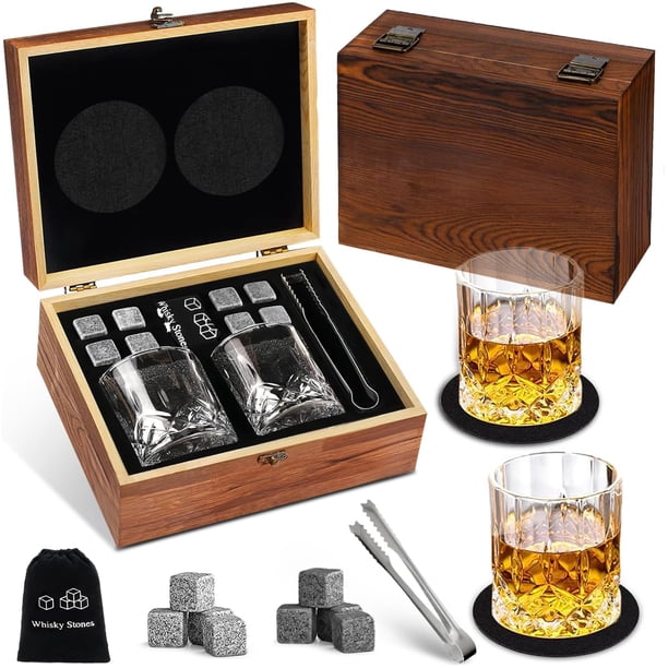 Juego de vasos para whisky con 2 vasos de cristal, 2 posavasos, 8 cubitos de hielo de granito, 1 pinza y bolsa para cubitos