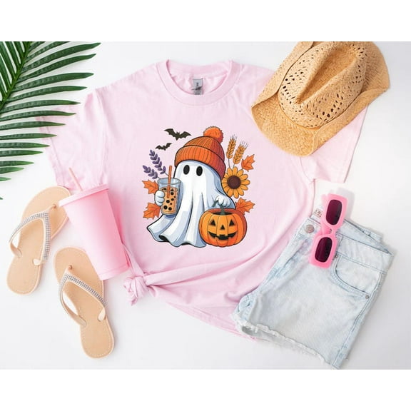 Cute Ghost Drinking Coffee T-Shirt Funny Halloween Costume Tee Autumn Pumpkin Graphic Top Spooky Season October Outfit Gift For Women Men