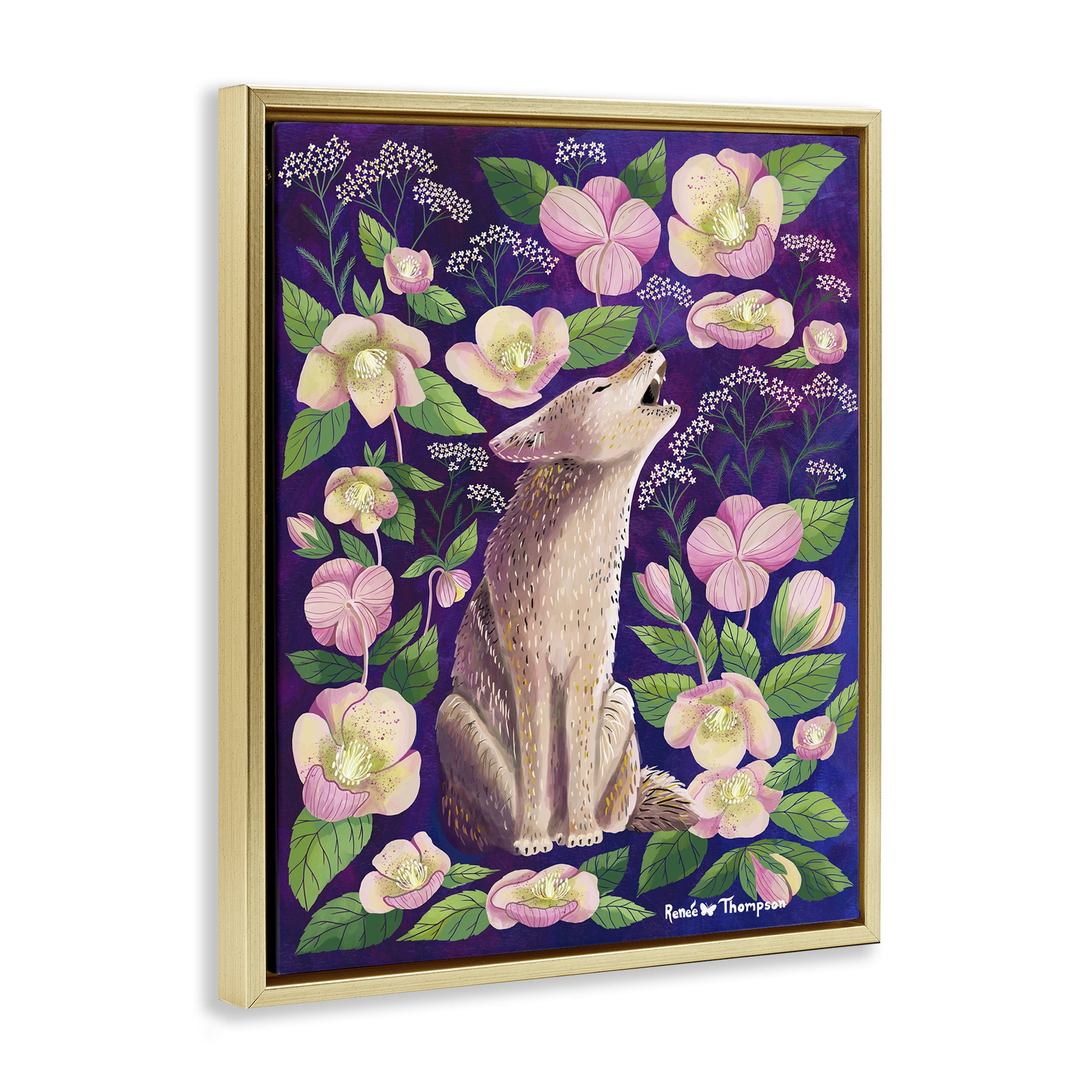 Stupell Industries Coyote & Pink Florals Animals Painting Gold Floater Framed Canvas Art Print Wall Art, 17 x 21