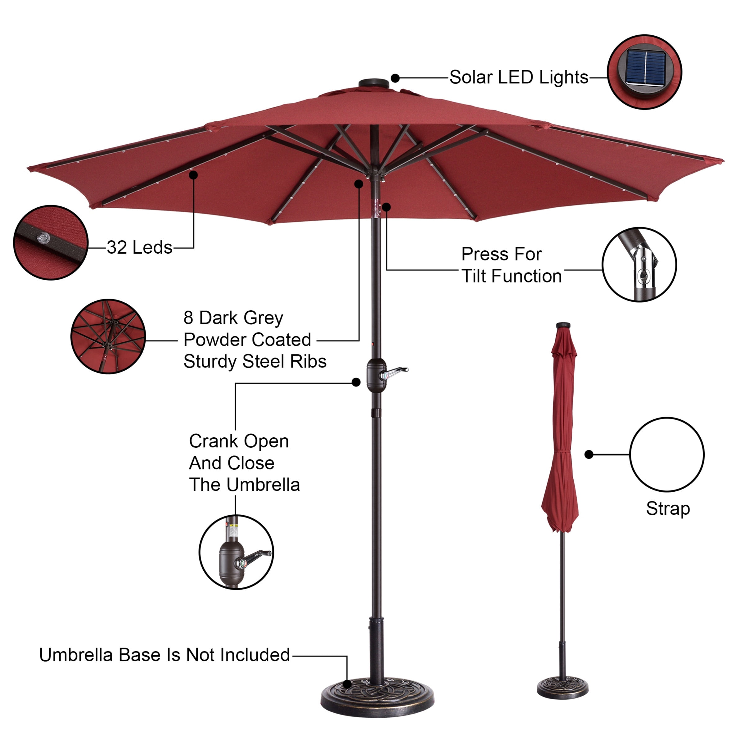 Villacera 9FT Outdoor Patio Umbrella with Solar Lights and Tilt, Red