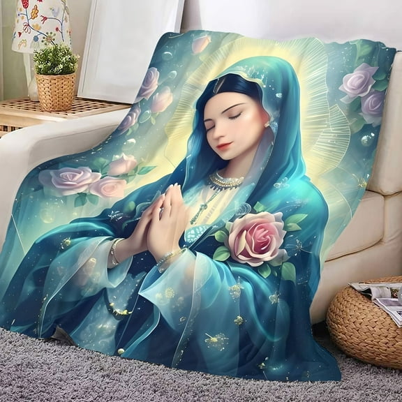Virgin Mary & Religious Blanket Soft Quilted Flannel All Season Bedspread Turquoise & Golden Catholic Icon Design Multi Use Sofa Cover Prayer Throw Gift for Faith Based Decor