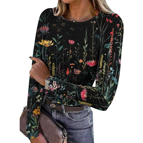 EchfiProm Womens Ribbed Tops Fall Pullover Slim Fit Long Sleeve Black Floral Shirts for Ladies