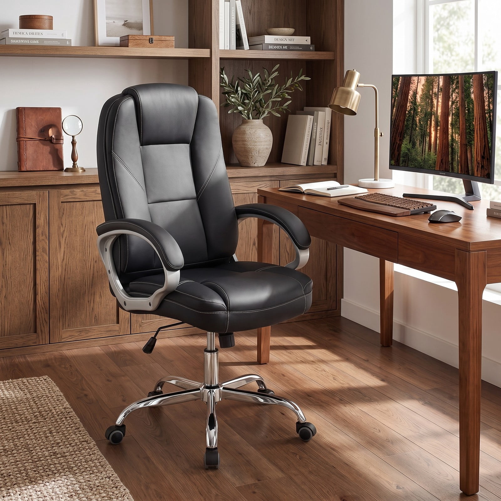 Furnibear Ergonomic Leather Office Chair, High Back PU Leather Executive Desk Chair with Padded Armrests, Adjustable Height, 360-Degree Swivel and Rocking, Black