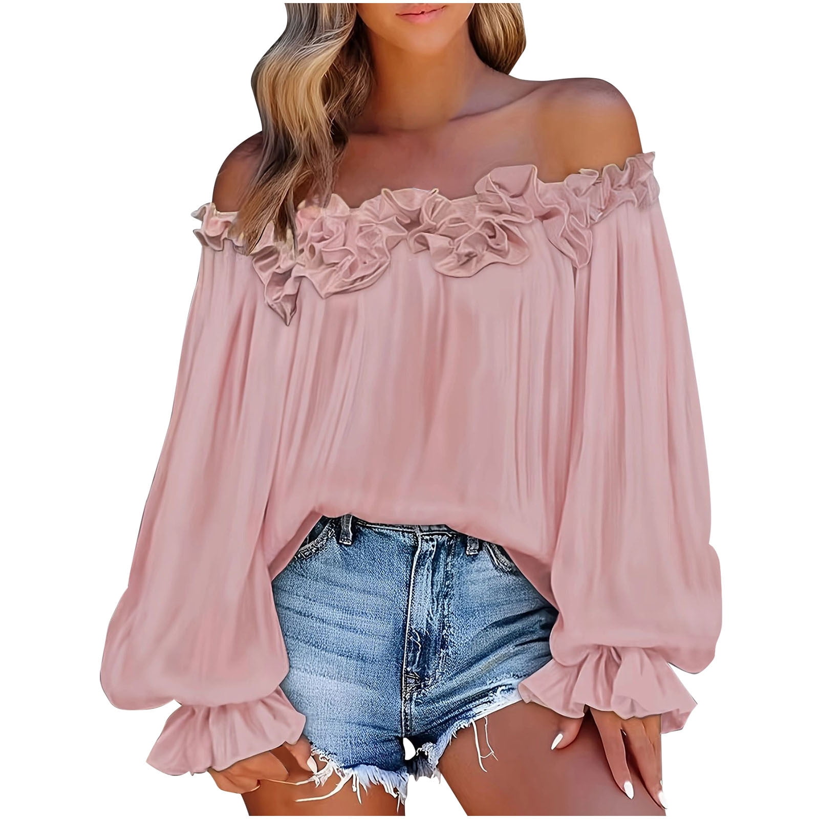 WAVSUF Womens Plus V Neck Tee Off Shoulder Long Puff Sleeve Soft