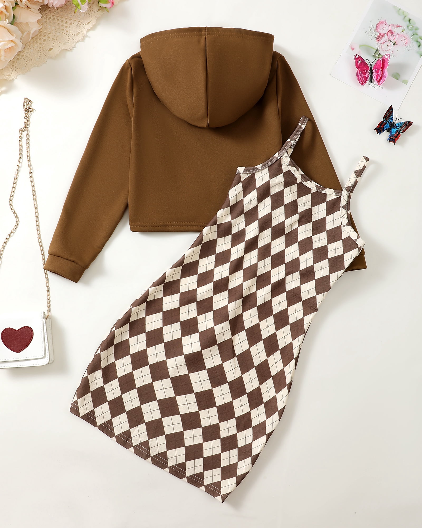 9 Years Big Girls Winter Outfits 10 Years Youth Child Kids Clothes Set Long Sleeve Butterfly Hooded Top Crop Top Sleeveless Plaid Slim Dress 2pcs Skirt Set Brown