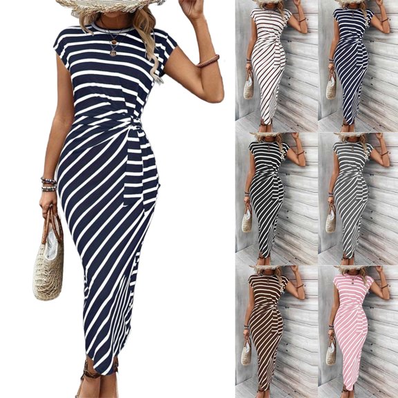 Smsaxvxz Women's Summer Dresses Fashion Stripe Crew Neck Short Sleeve Tie Knot Waist Maxi Dress Casual Slim Beach Sundress Blue L