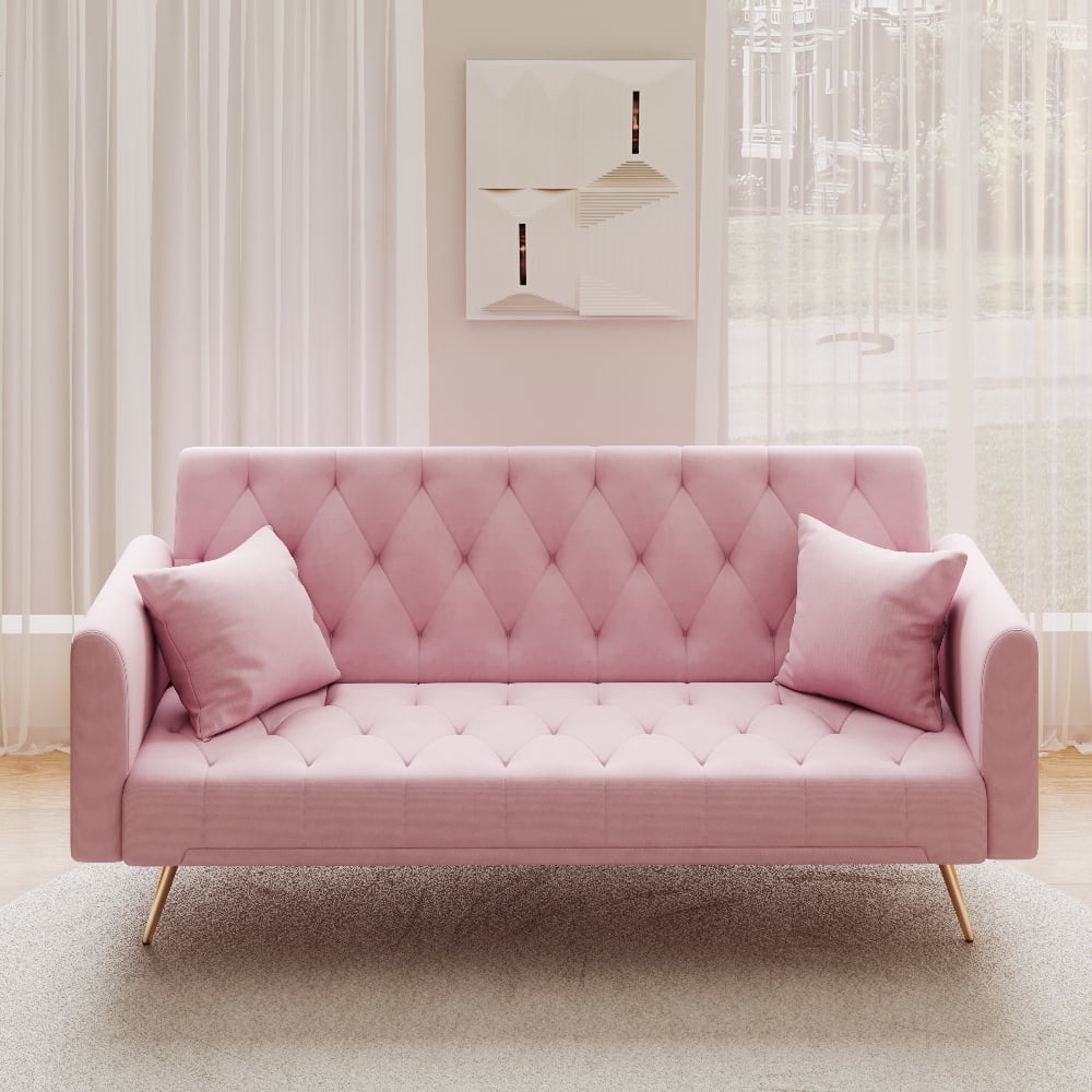 Oufan 71" American Convertible Sofa, Velvet Loveseat with Adjustable Backrest & Metal Legs, 2-Seater Couch for Living Room, Apartment, Pink