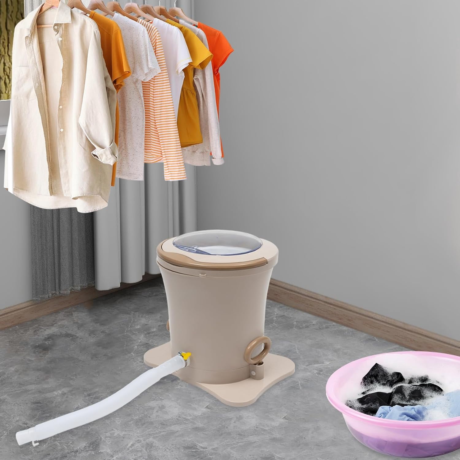 Manual Clothes Dryer Portable Mini Dryer Foot Powered Compact Spin Dryer Machine Non Electric Laundry Dryer for RV Camping Apartment Dorm(Khaki)