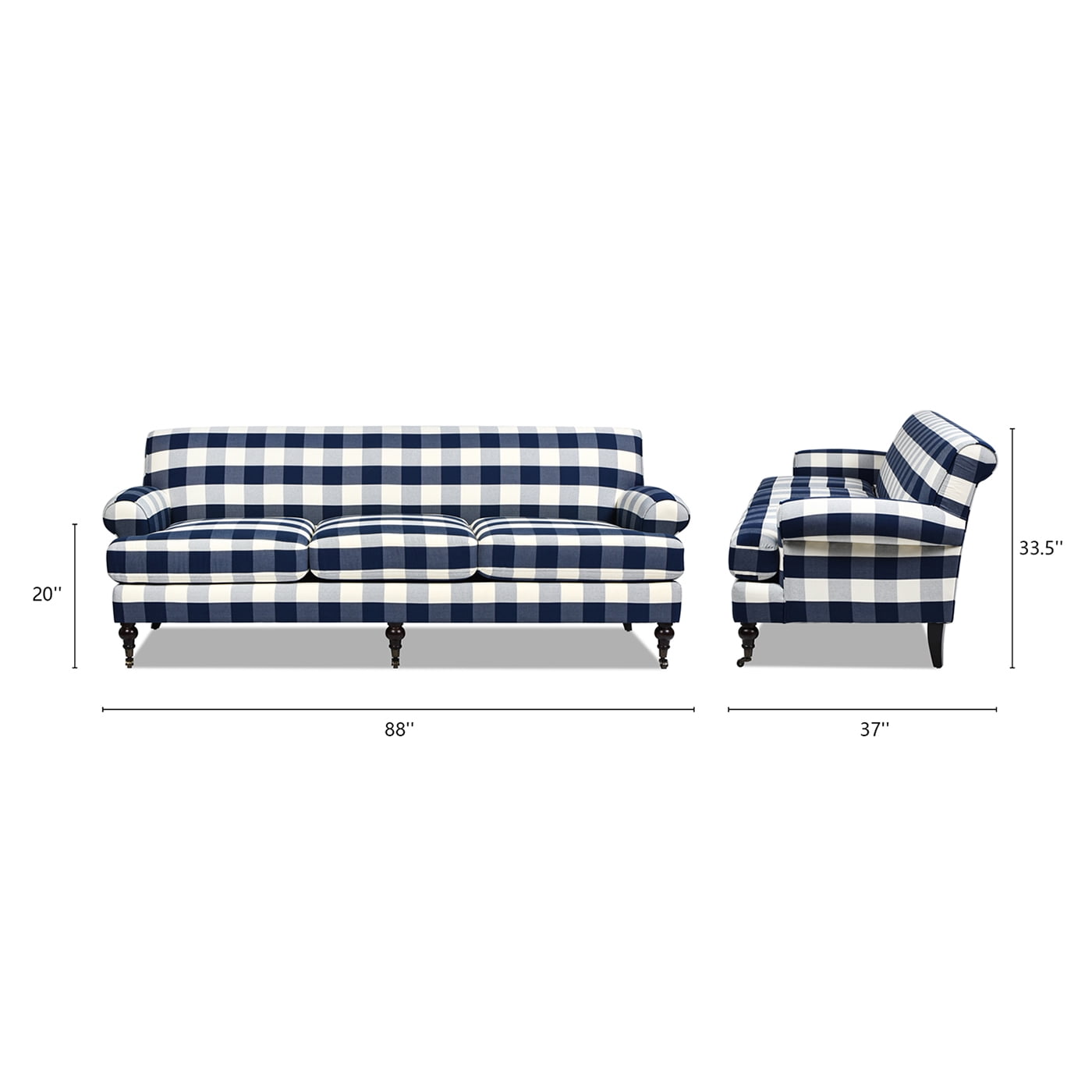 Jennifer Taylor Home Alana 88" Lawson Living Room Three-Cushion Tightback Sofa Couch with Metal Casters, Blue Lattice