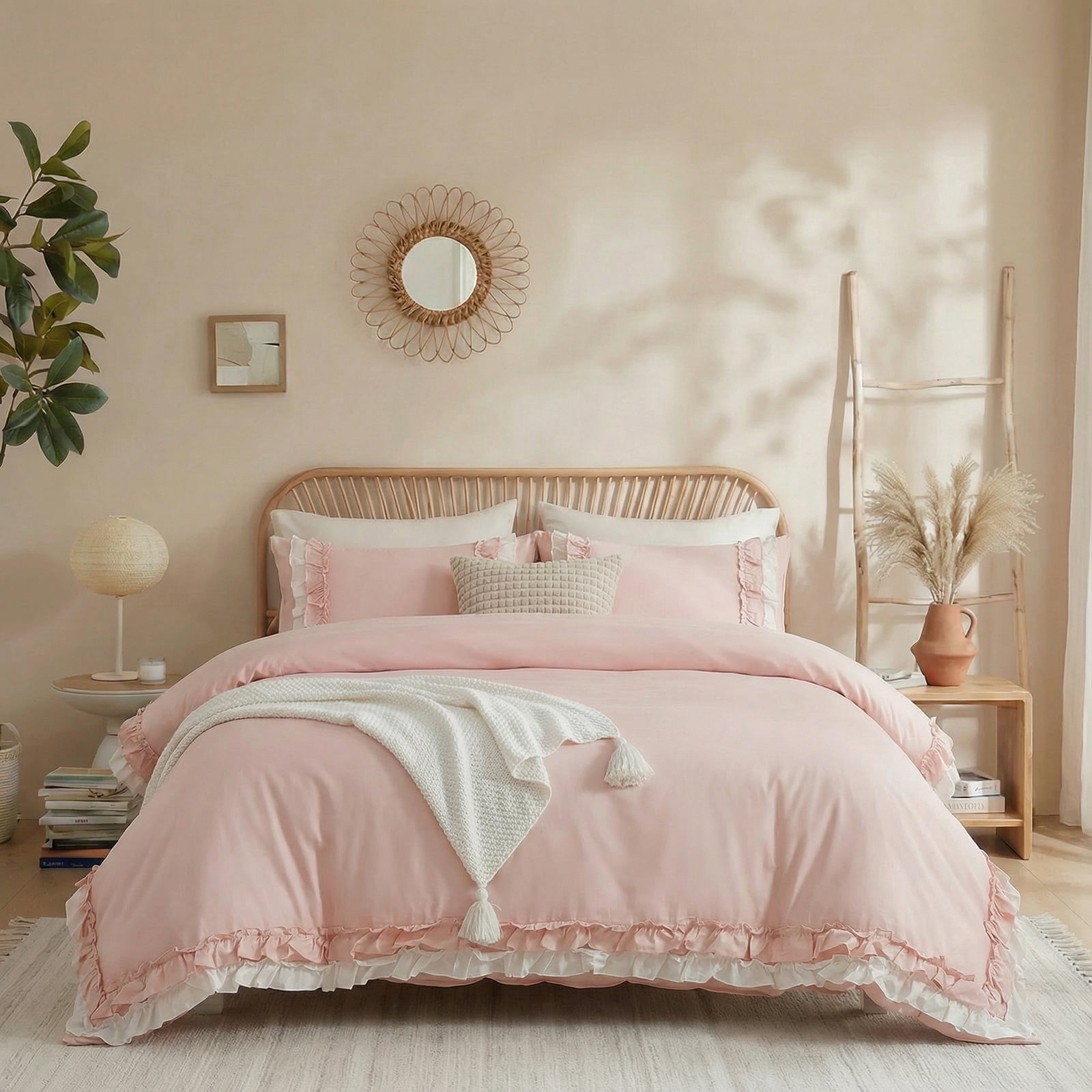 100% Cotton Ruffled Comforter Set Queen, White Shabby Chic Farmhouse Bedding Set French Country Cute Comforter Set
