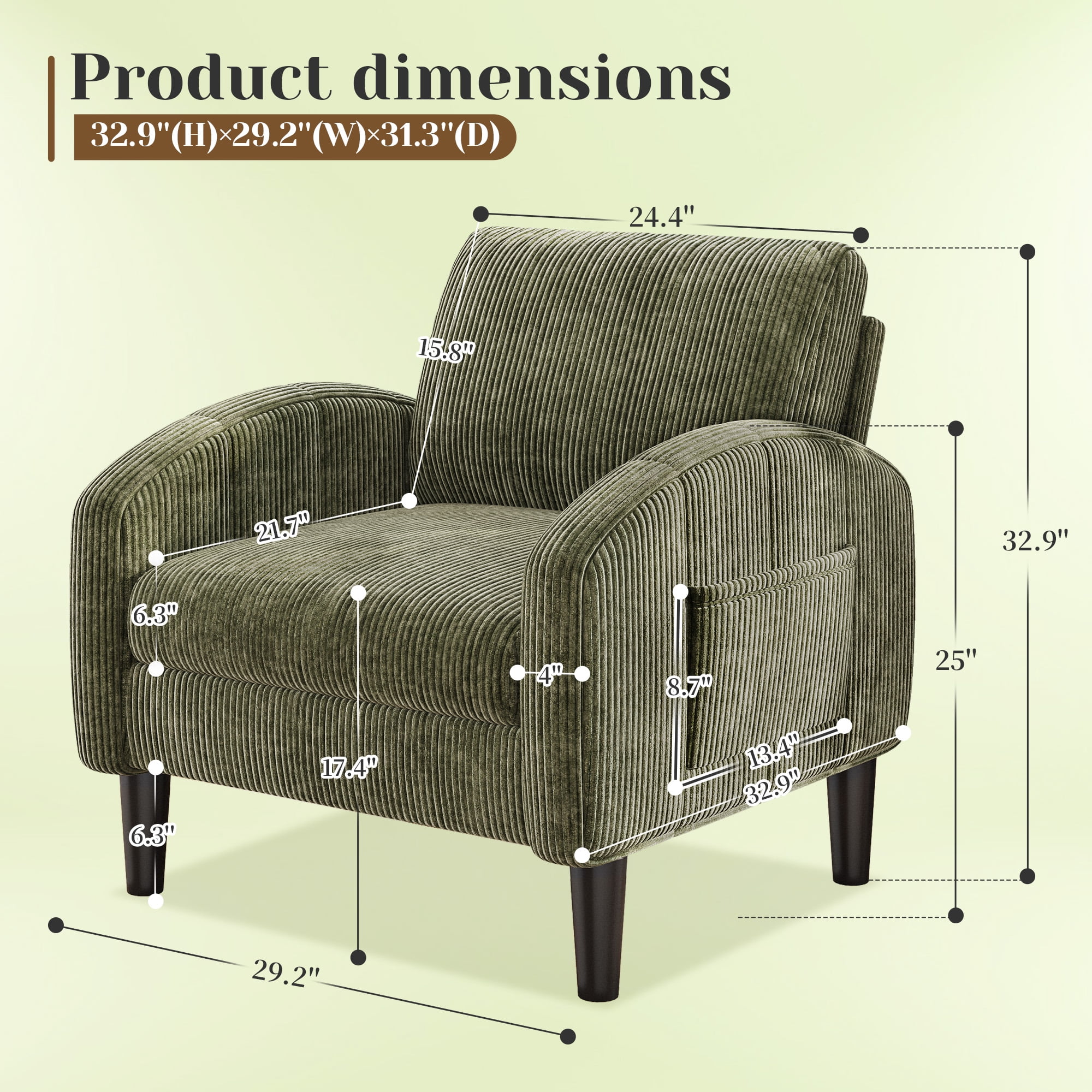 Romorgniz Mid Century Modern Accent Chair, Lounge Armchair with Extra Thick 6.3" Cushion & Side Pockets, Comfort Chair for Living Room, Bedroom, Apartment, Small Space, Forest Green