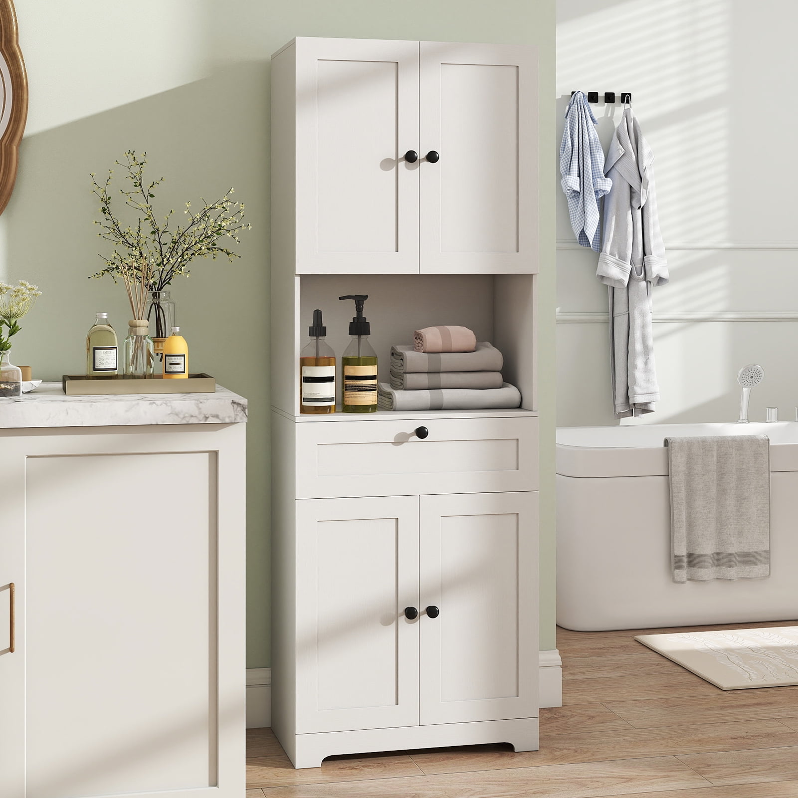 Gymax 67.5'' Kitchen Pantry Cabinet w/4 Doors 1 Drawer Open Countertop Adjustable Shelf White