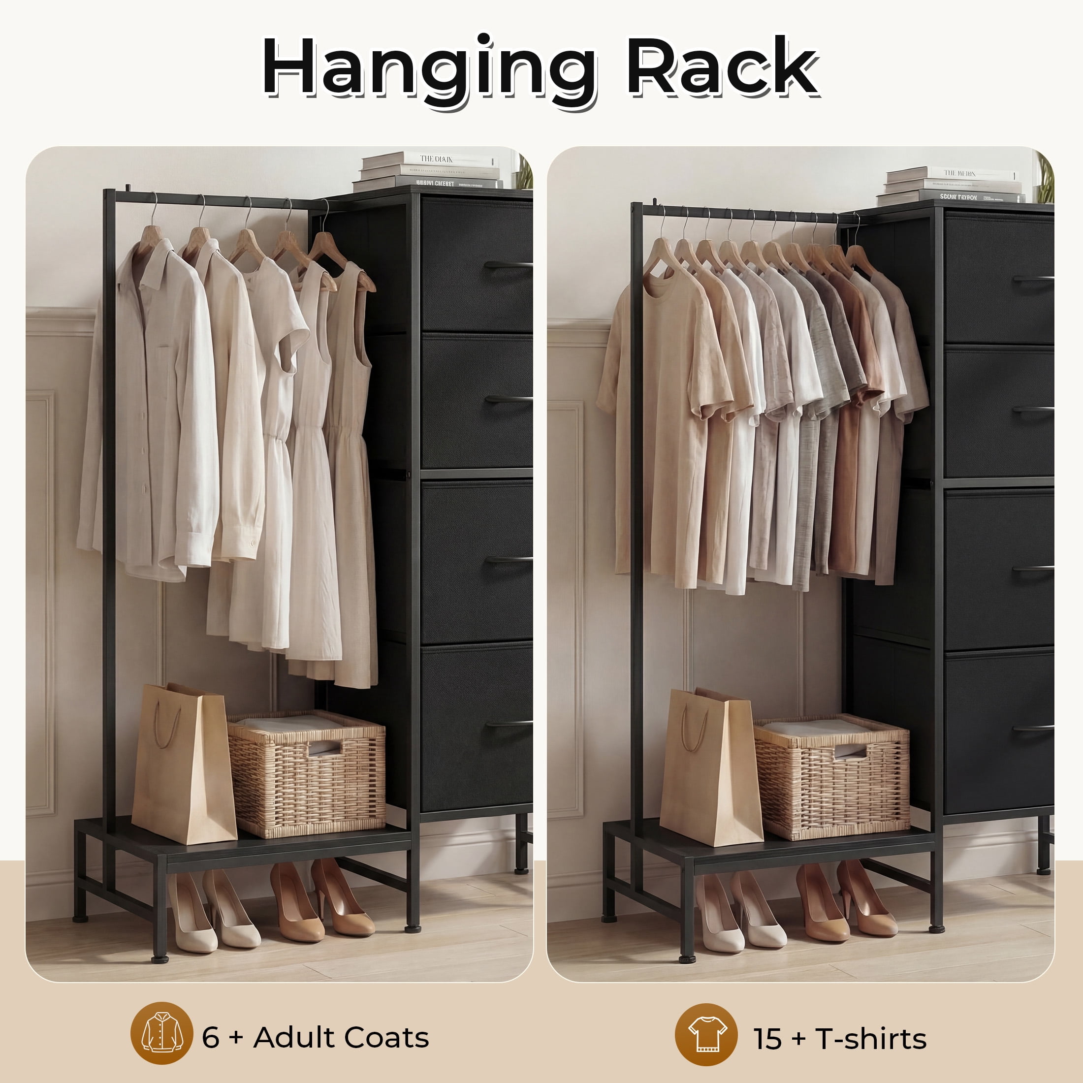 EDX 44"H Dresser with Hanging Rack, 4 Drawers Small Closet for Bedroom, Can be assembled by flipping left and righte Clothes Rack, Sturdy Frame, Black