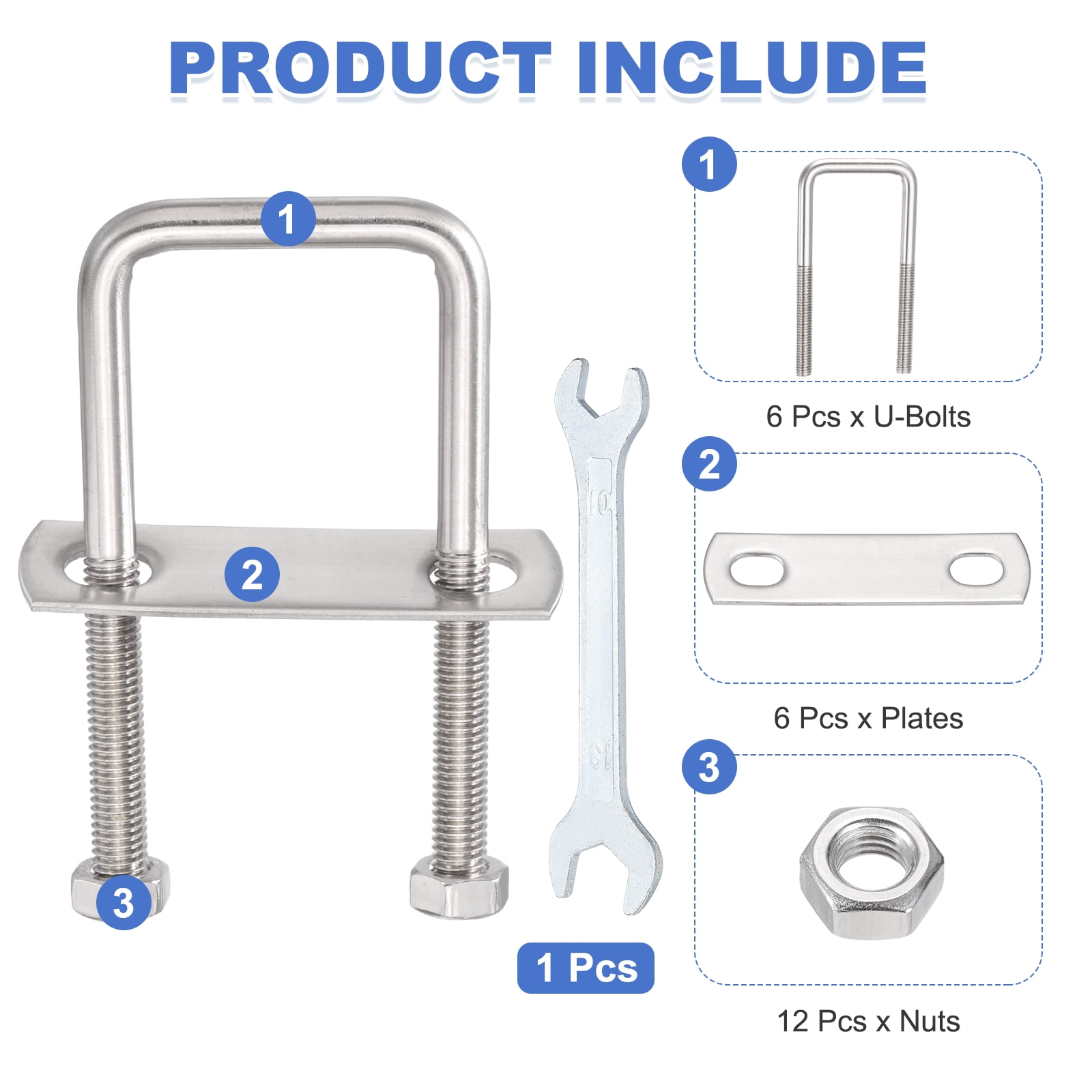 Uxcell 6 Sets M8 Square U-Bolts, 1.57" Inner Width 2.56" Length 304 Stainless Steel U Clamp Bolts with Nuts, Plates and Wrench