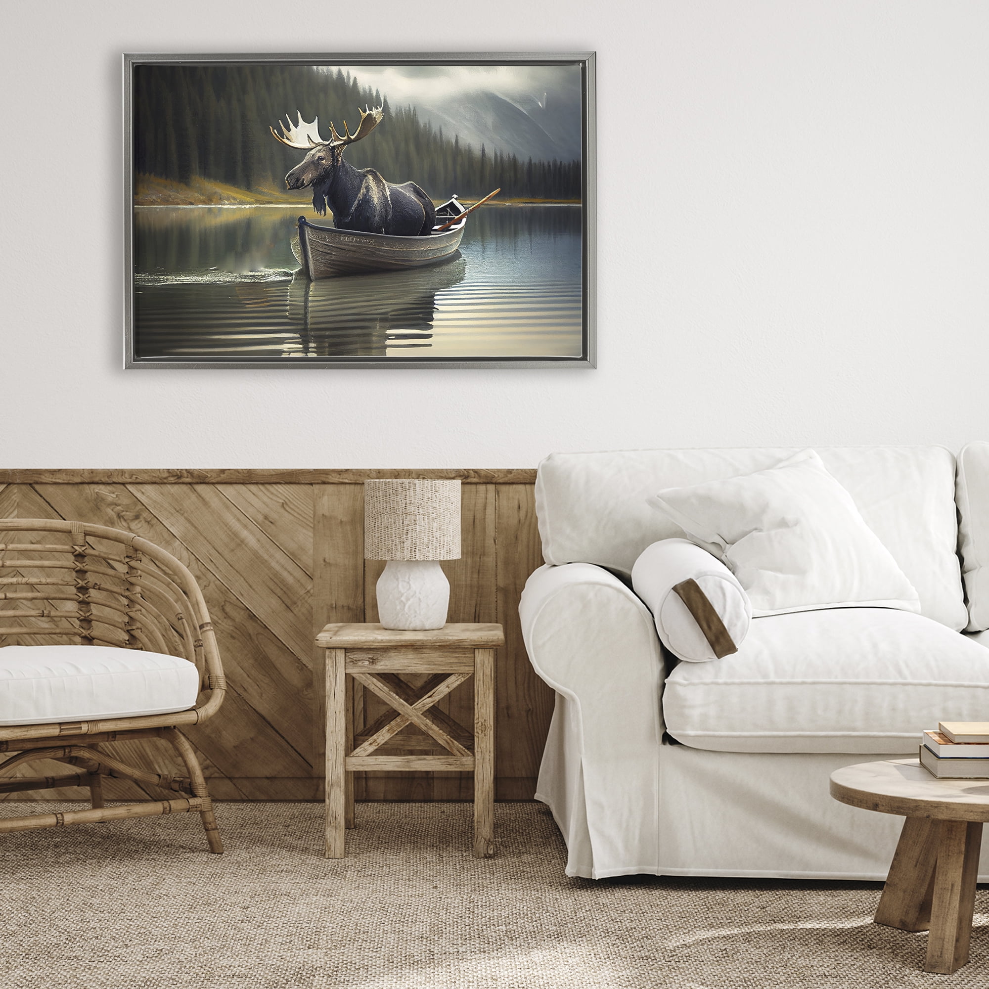 Moose in Canoe Tranquility Gray Framed Floater Canvas Wall Art, design by Sasha