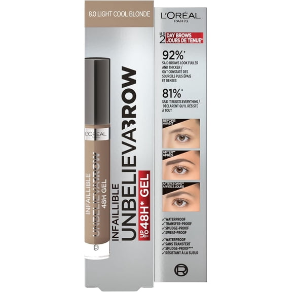 L'Oreal Paris UnbelievaBrow Long-Lasting Eyebrow Gel, Smudge-Proof, Transfer-Proof, Waterproof, 102 Light Cool Blonde