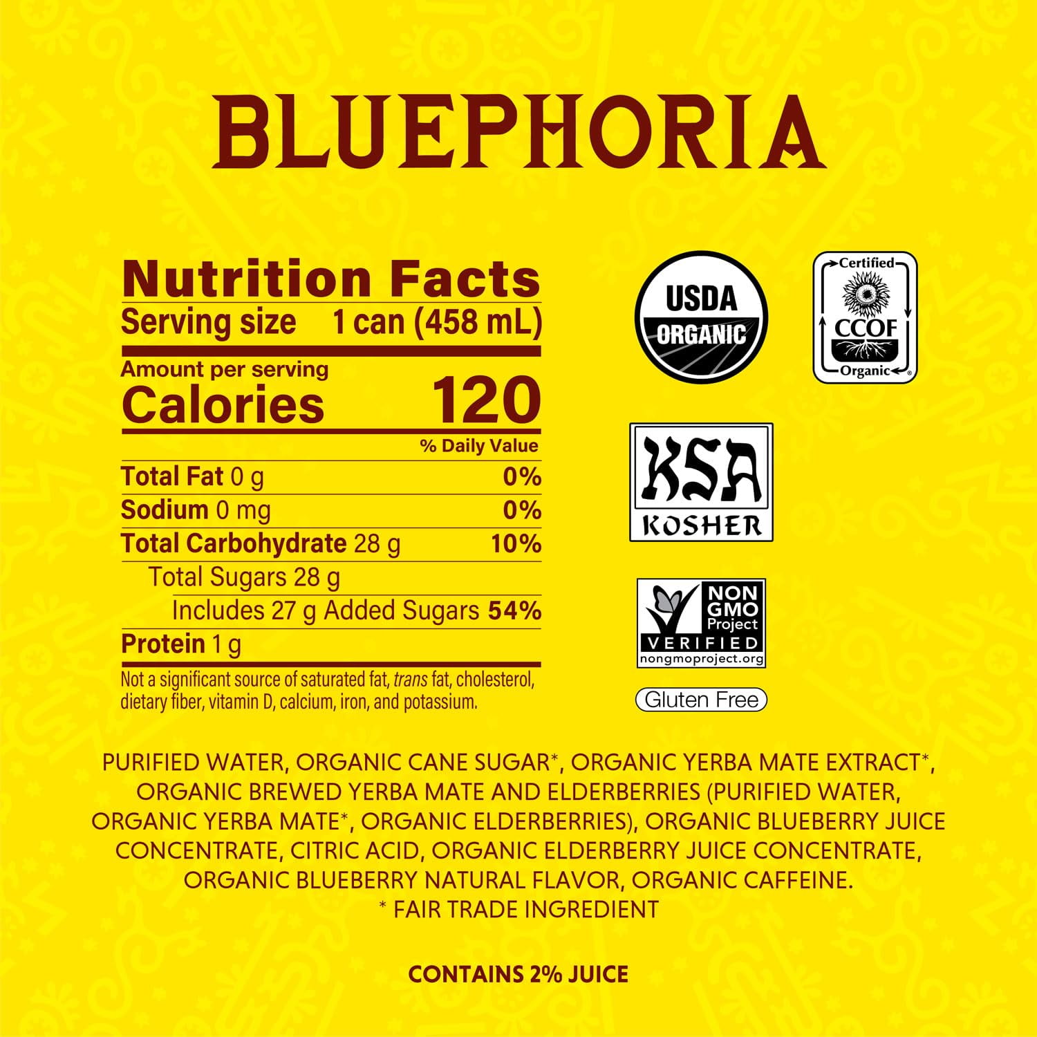 Guayaki Yerba Mate, Clean Energy Drink Alternative, Organic Bluephoria, 15.5oz Pack of 12, 150mg Caffeine