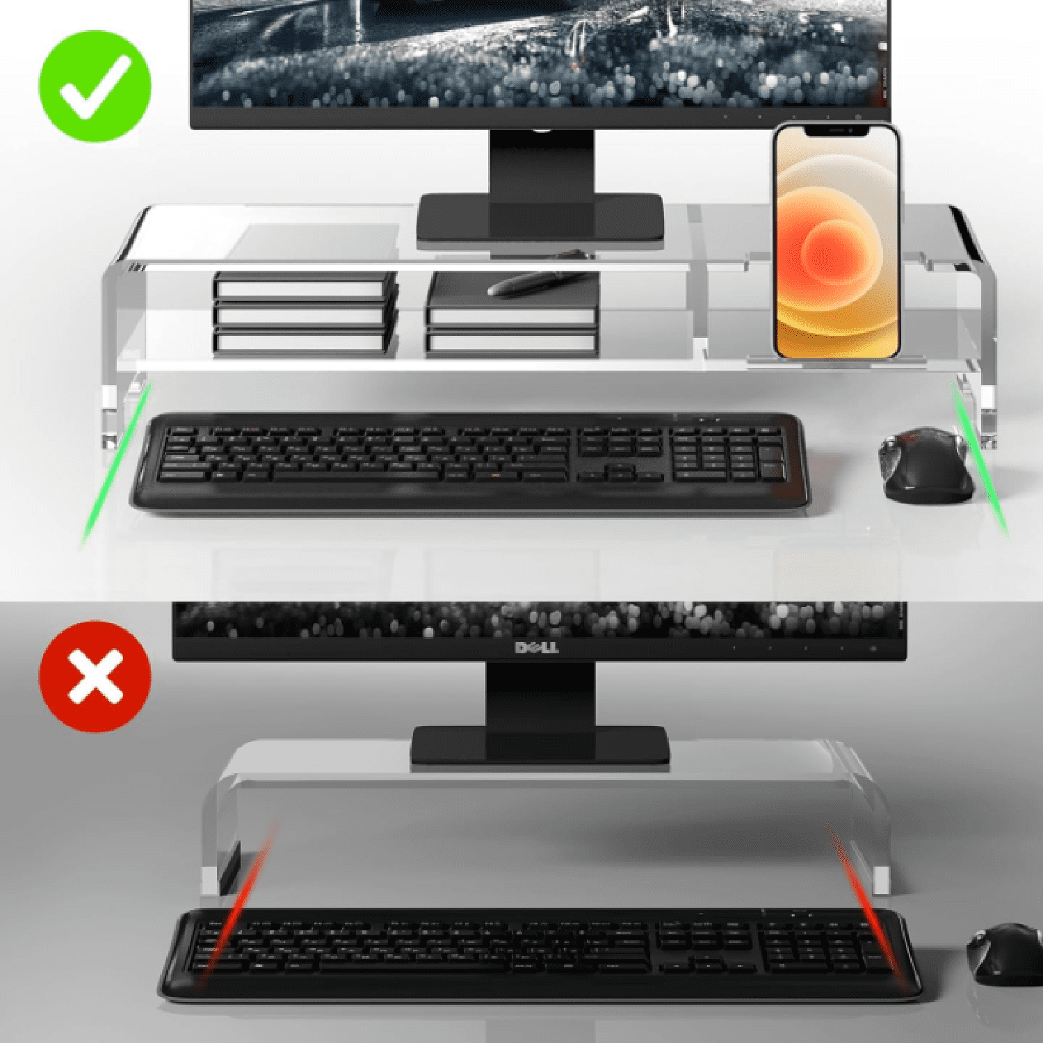 Acrylic Monitor Stand for Full Keyboard, 20" Wide 2-Tier Riser with Storage Shelf and Phone Holder, Desktop Organizer for Laptop, Printer, Screen (Clear)