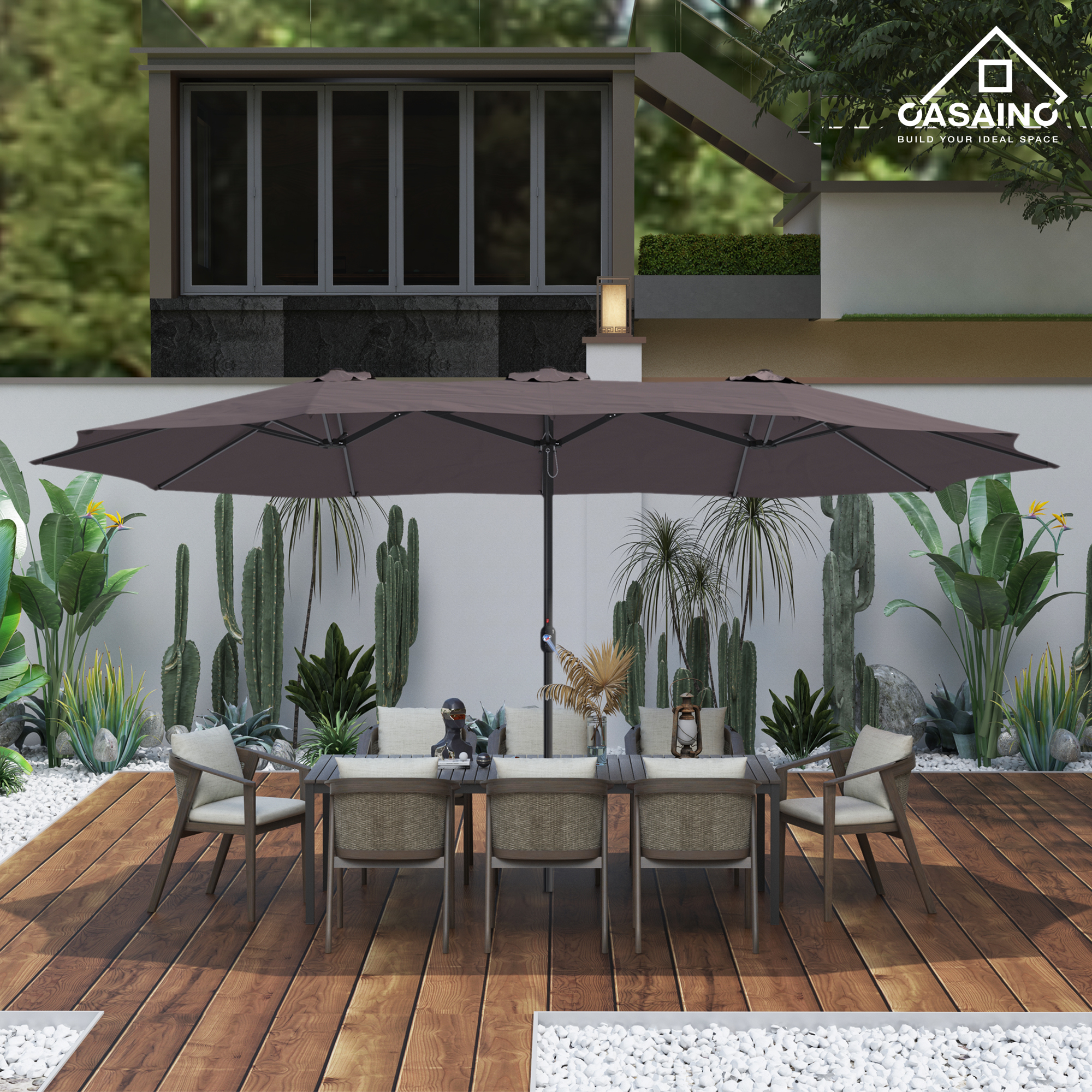 CASAINC 15 ft. Steel Market Patio Umbrella Double-Sided Twin Large Patio Umbrella with Base in Coffee