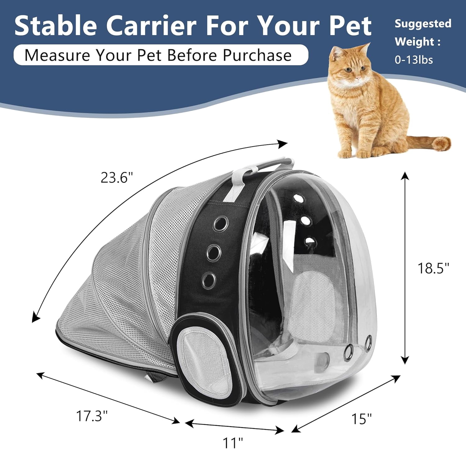 DENZUS Bubble Expandable & Foldable Cat Backpack Carrier, Breathable Pet Backpack for Large Cats, Designed for Hiking, Travelling, Camping