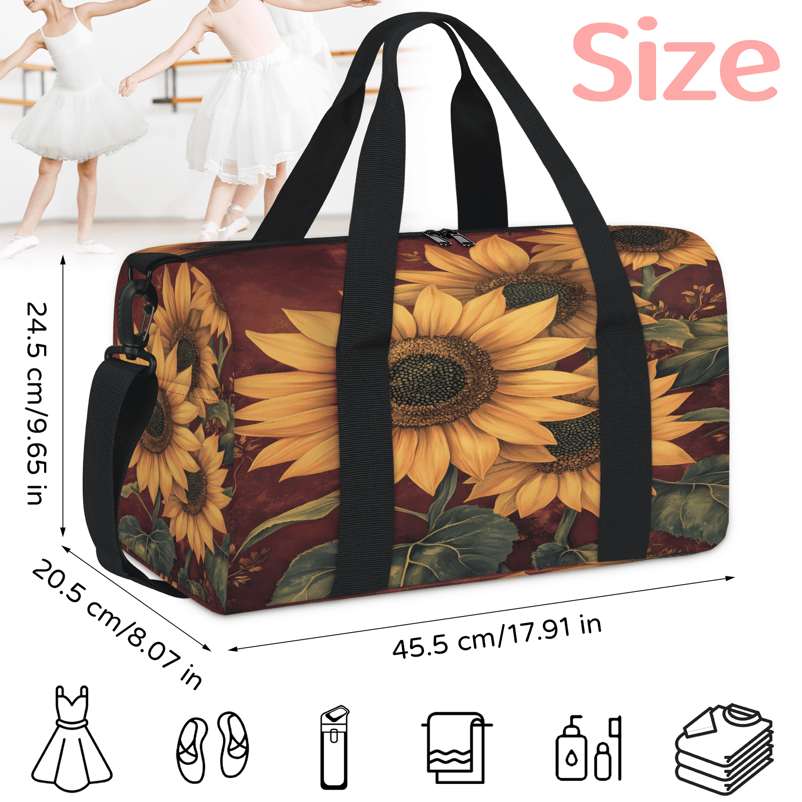 Herdesigns Sunflower Gym Bag for Women, Floral Duffle Bag for Travel Sport, Lightweight Waterproof Carry on Weekender Overnight Dance Yoga Workout Bags