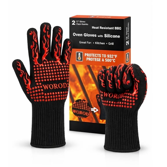 BBQ Grill Gloves, 1472°F Extreme Heat Resistant Grilling Gloves Non-Slip Oven Mitts Potholder, Perfect for Barbecue, Cooking, Baking, Fireplace, Smoker - 2 Pair