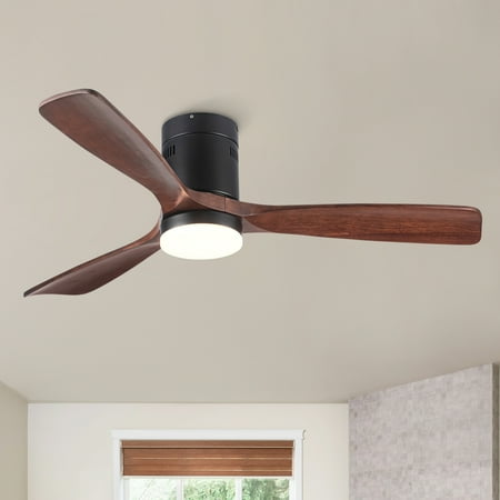 

PINGCNG Elegant Solid Wood Blades Flush Mount Ceiling Fan with Integrated LED Light
