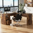 thumbnail image 5 of Homieasy L Shaped Desk with Power Outlets and USB Charging Ports, Lift Top Corner Computer Desk with Drawer, Large Office Desk with Storage Shelves, L Shaped Standing Desk for Home Office, Rustic Brow, 5 of 7