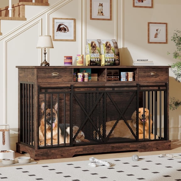 Double Dog Crate Furniture 63 Inch Large Kennel with Divider, Sliding Doors, Drawers and Shelves, Heavy Duty Indoor Furniture, Retro Brown