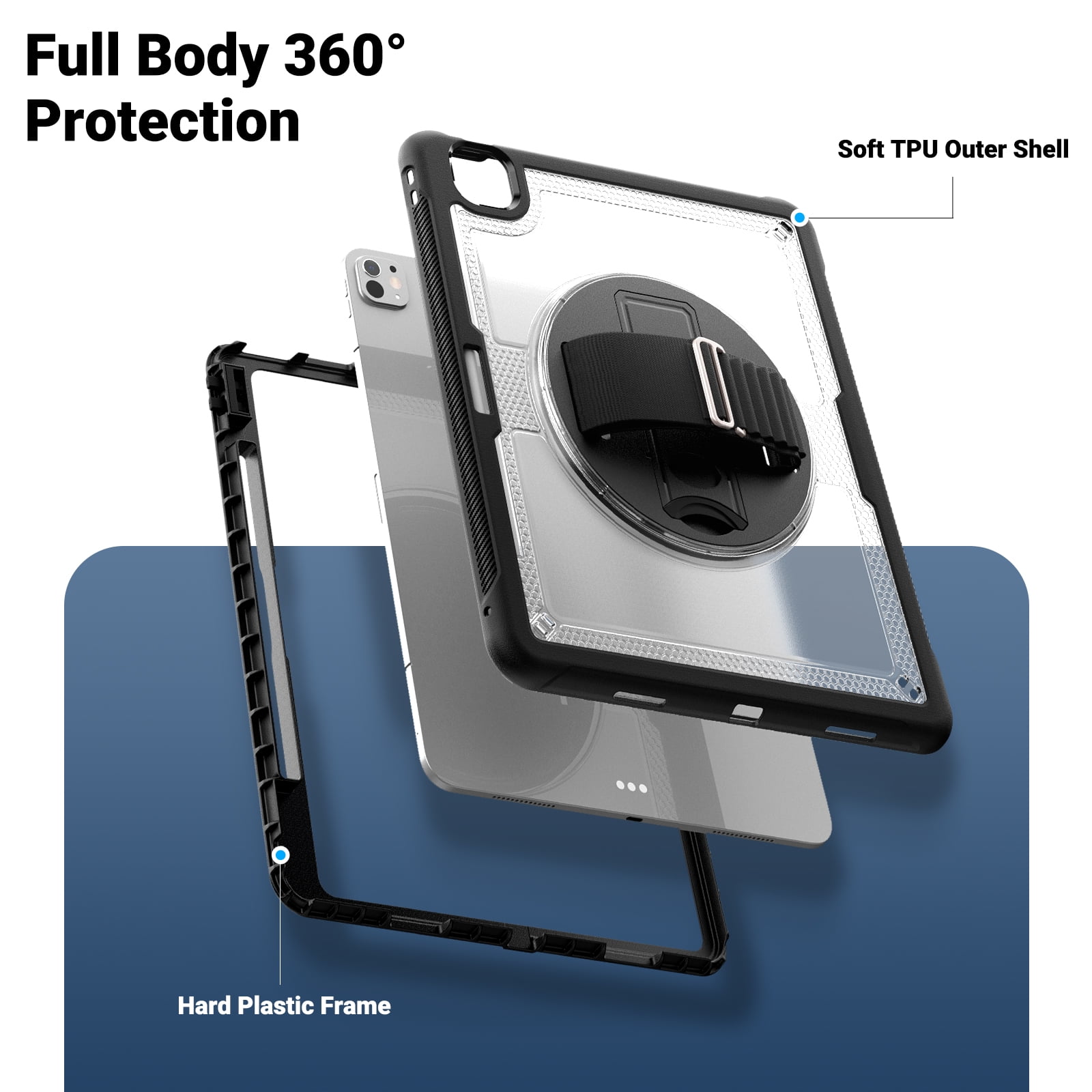 ELEHOLD Case for Apple iPad Pro 13 2024,Soft TPU Rugged Durable Case with 360° Rotating Hand Strap & Foldable Hidden Stand & Pencil Holder,Clear