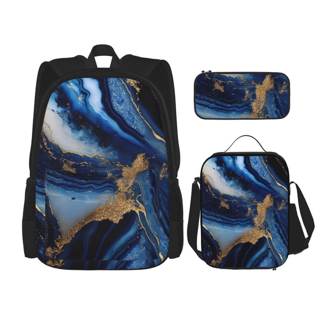 Disketp Navy Blue Marble Mochila Estampada de Gran Capacidad con Lonchera y Estuche, Set de 3 Piezas para Estudiantes