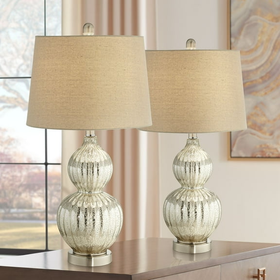 Regency Hill Lili Country Cottage Table Lamps 25" High Set of 2 Fluted Mercury Glass Double Gourd Beige Drum Shade for Bedroom Living Room Bedside