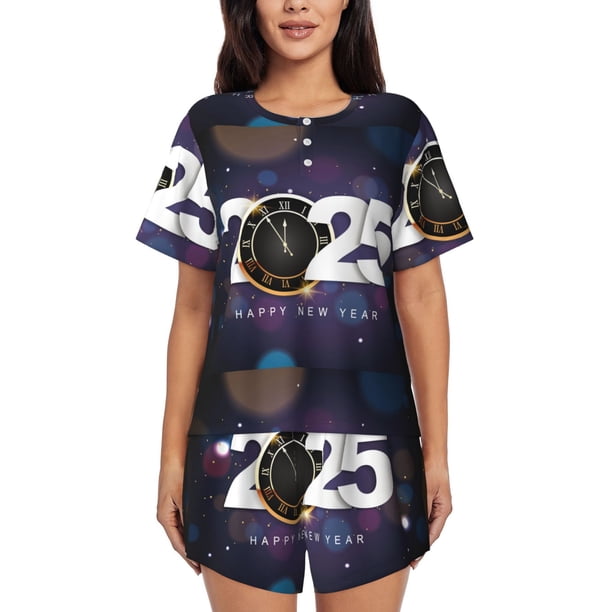 Balery 2025 Happy New Year 4 Conjunto de Pijama para Mujer con Estampado, Dos Piezas de Manga Corta y Shorts, Ropa de Dormir Suave con Cuello Redondo y Bolsillos-Medium
