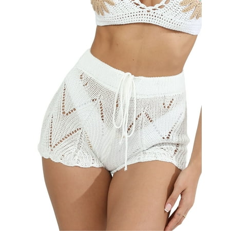 Suagox Women Swimsuit Cover up Crochet Cutout Bikini Bottom Cover up Shorts for Beach Swimsuit Swimwear Summer Clothes